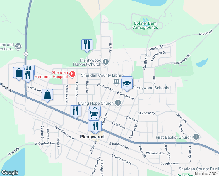 map of restaurants, bars, coffee shops, grocery stores, and more near 118 West Laurel Avenue in Plentywood
