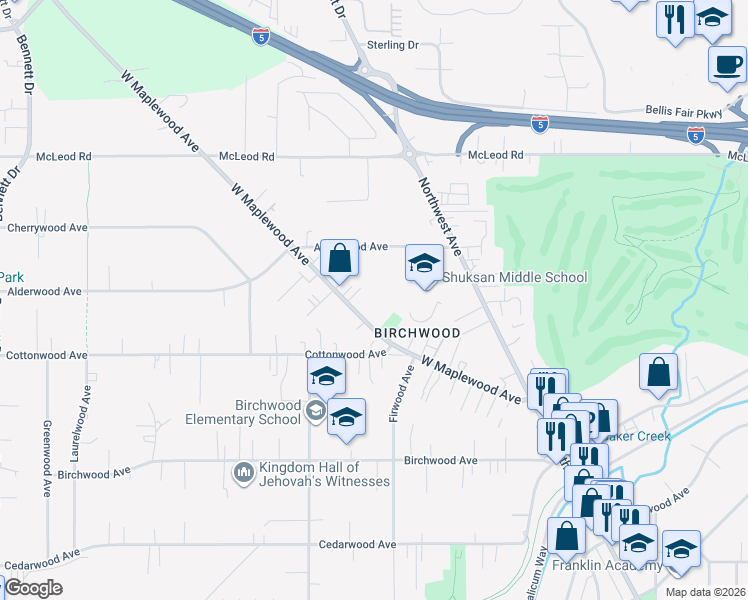 map of restaurants, bars, coffee shops, grocery stores, and more near 2814 West Maplewood Avenue in Bellingham