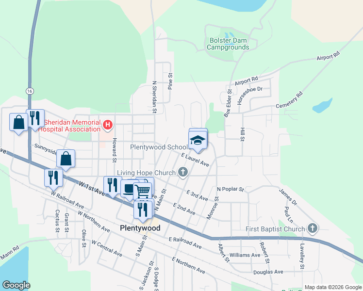 map of restaurants, bars, coffee shops, grocery stores, and more near 100 West Laurel Avenue in Plentywood