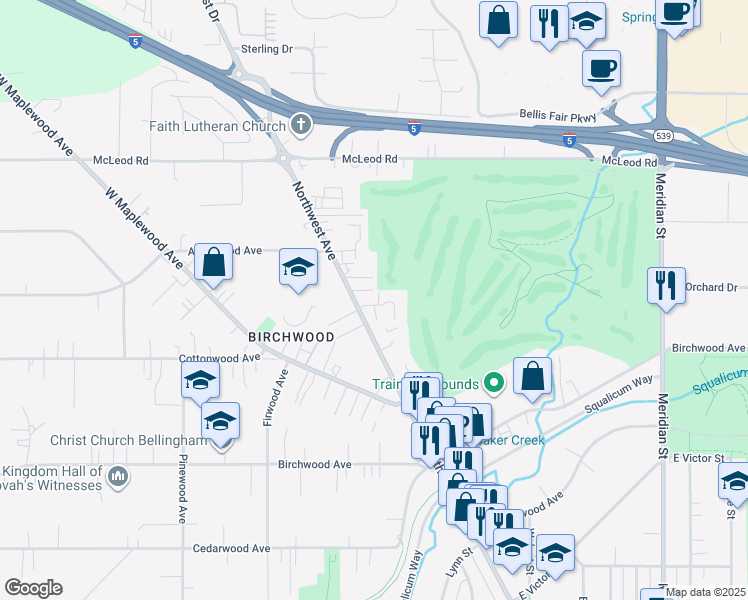 map of restaurants, bars, coffee shops, grocery stores, and more near 3343 Northwest Avenue in Bellingham