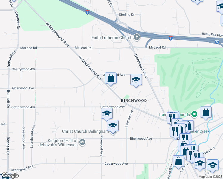 map of restaurants, bars, coffee shops, grocery stores, and more near 2834 West Maplewood Avenue in Bellingham