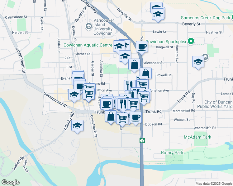map of restaurants, bars, coffee shops, grocery stores, and more near 294 Coronation Avenue in Duncan