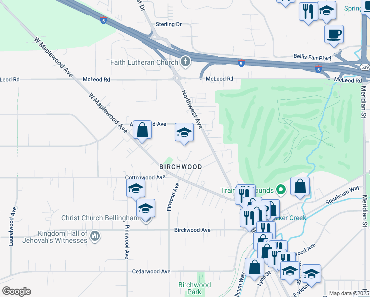 map of restaurants, bars, coffee shops, grocery stores, and more near 2717 Alderwood Avenue in Bellingham