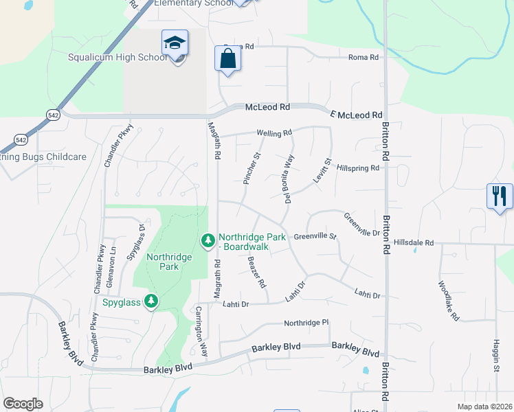 map of restaurants, bars, coffee shops, grocery stores, and more near 3808 Spring Coulee Road in Bellingham