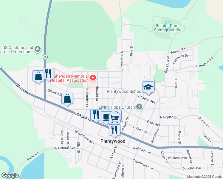 map of restaurants, bars, coffee shops, grocery stores, and more near 223 West Laurel Avenue in Plentywood