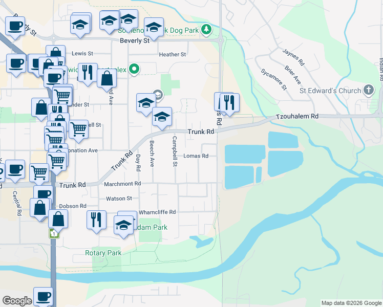 map of restaurants, bars, coffee shops, grocery stores, and more near 1043 Lomas Road in Duncan