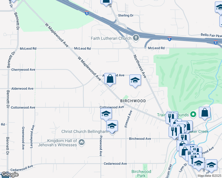 map of restaurants, bars, coffee shops, grocery stores, and more near 2834 West Maplewood Avenue in Bellingham