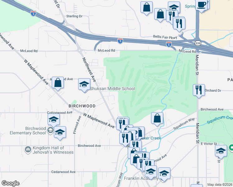map of restaurants, bars, coffee shops, grocery stores, and more near 3376 Northwest Avenue in Bellingham