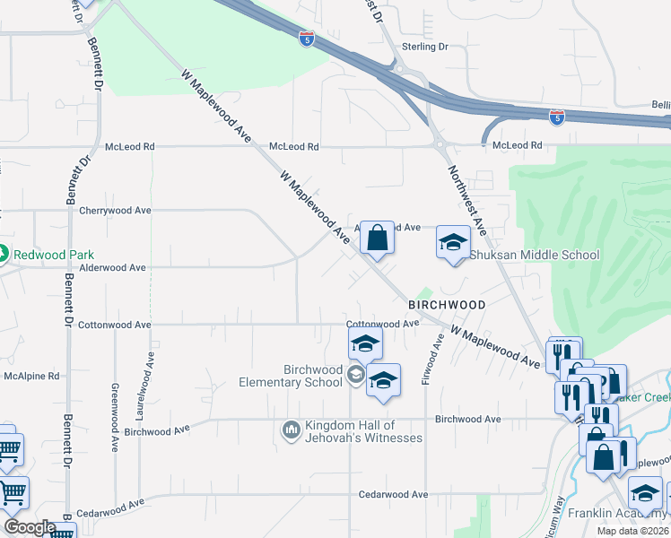 map of restaurants, bars, coffee shops, grocery stores, and more near 2849 West Maplewood Avenue in Bellingham