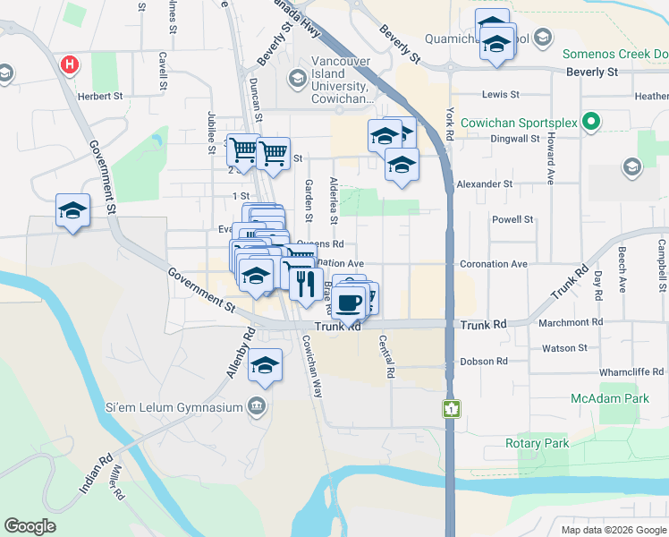 map of restaurants, bars, coffee shops, grocery stores, and more near 375 Brae Road in Duncan