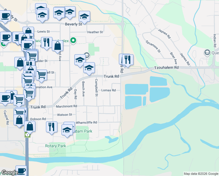 map of restaurants, bars, coffee shops, grocery stores, and more near 1043 Lomas Road in Duncan