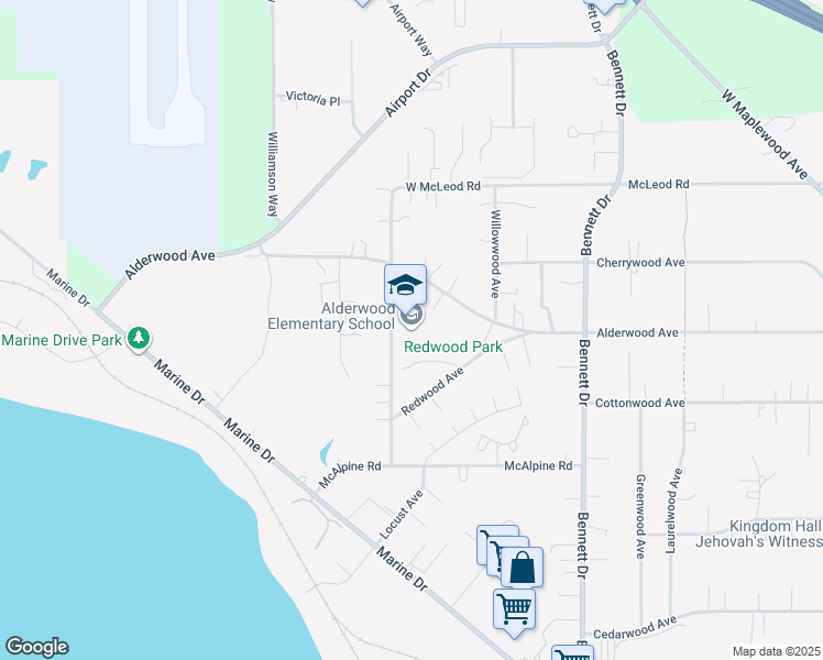 map of restaurants, bars, coffee shops, grocery stores, and more near 3400 Hollywood Avenue in Bellingham