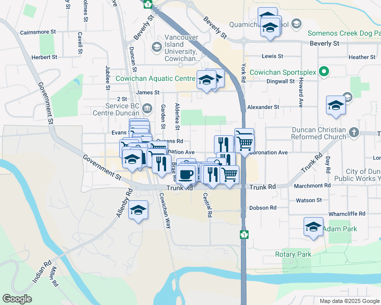 map of restaurants, bars, coffee shops, grocery stores, and more near Ypres Street in Duncan