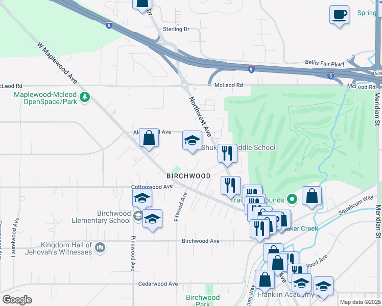 map of restaurants, bars, coffee shops, grocery stores, and more near 2717 Alderwood Avenue in Bellingham