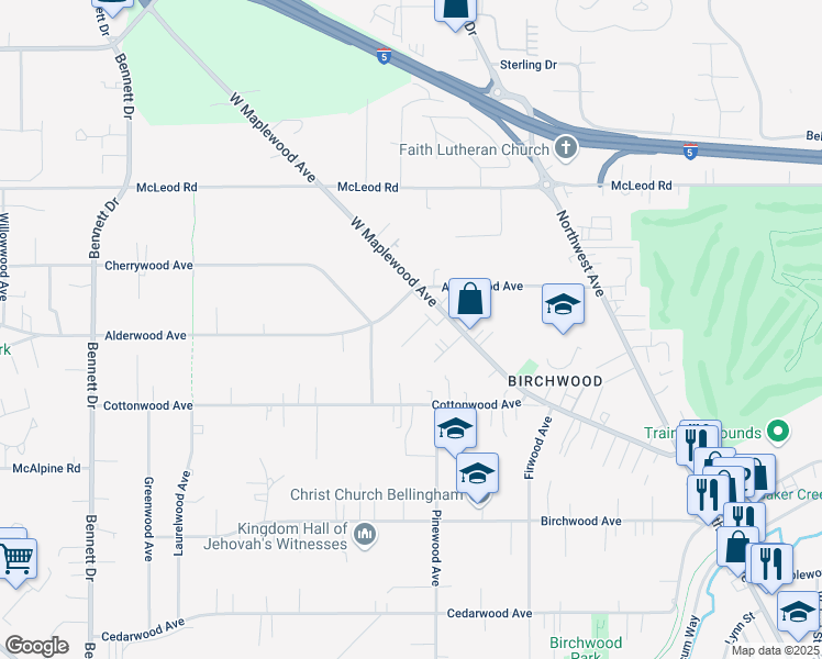 map of restaurants, bars, coffee shops, grocery stores, and more near 2849 West Maplewood Avenue in Bellingham