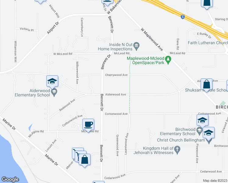 map of restaurants, bars, coffee shops, grocery stores, and more near 3222 Alderwood Avenue in Bellingham