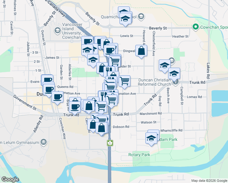 map of restaurants, bars, coffee shops, grocery stores, and more near 555 Coronation Avenue in Duncan