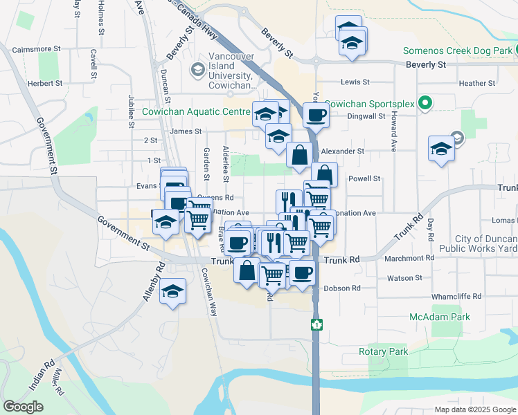 map of restaurants, bars, coffee shops, grocery stores, and more near 294 Coronation Avenue in Duncan