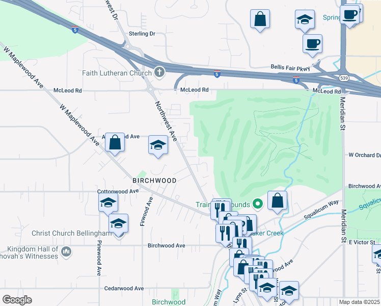 map of restaurants, bars, coffee shops, grocery stores, and more near 3343 Northwest Avenue in Bellingham