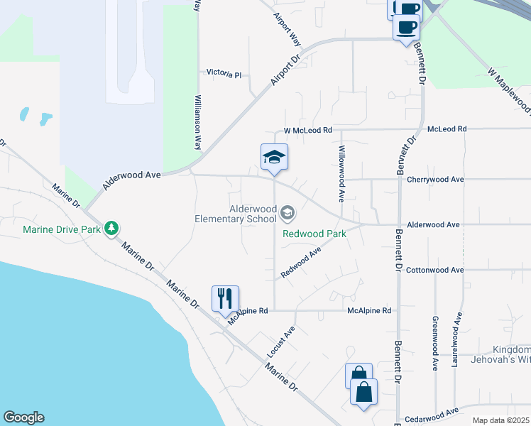 map of restaurants, bars, coffee shops, grocery stores, and more near 3351 Hollywood Avenue in Bellingham