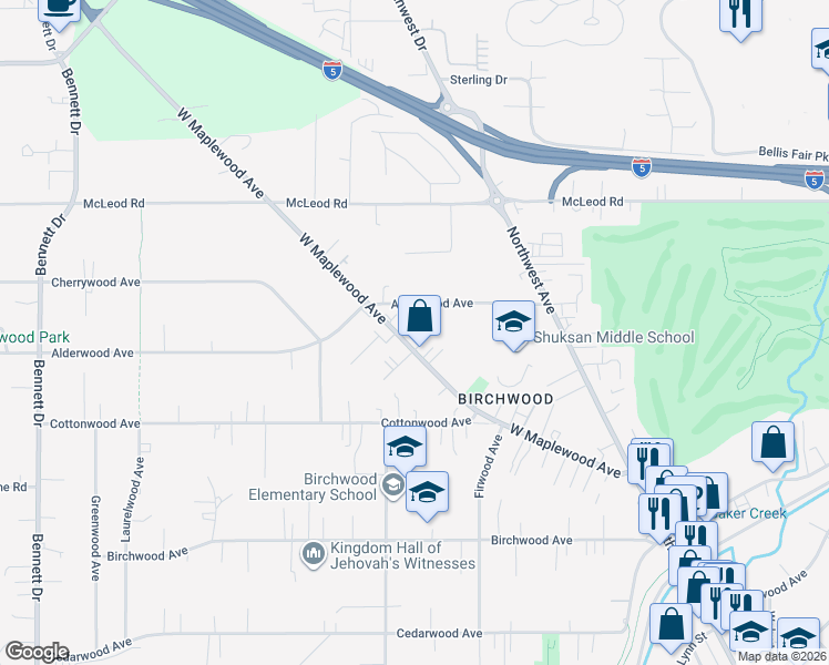 map of restaurants, bars, coffee shops, grocery stores, and more near 2842 West Maplewood Avenue in Bellingham
