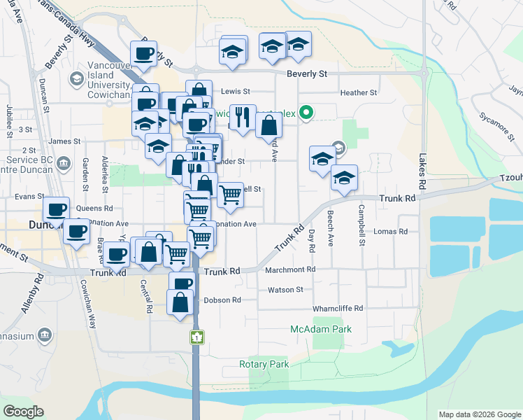 map of restaurants, bars, coffee shops, grocery stores, and more near 692 Charlotte Street in Duncan