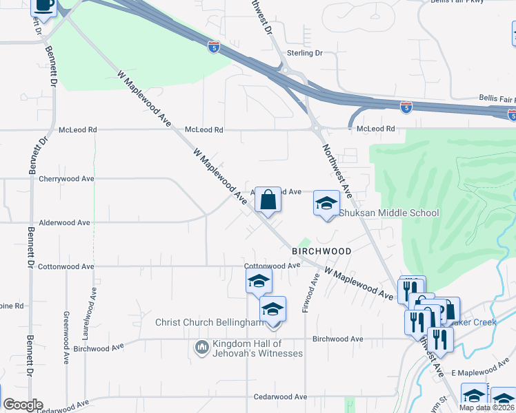 map of restaurants, bars, coffee shops, grocery stores, and more near 2850 West Maplewood Avenue in Bellingham
