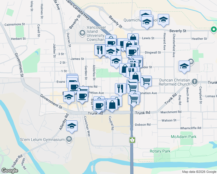map of restaurants, bars, coffee shops, grocery stores, and more near 435 Festubert Street in Duncan