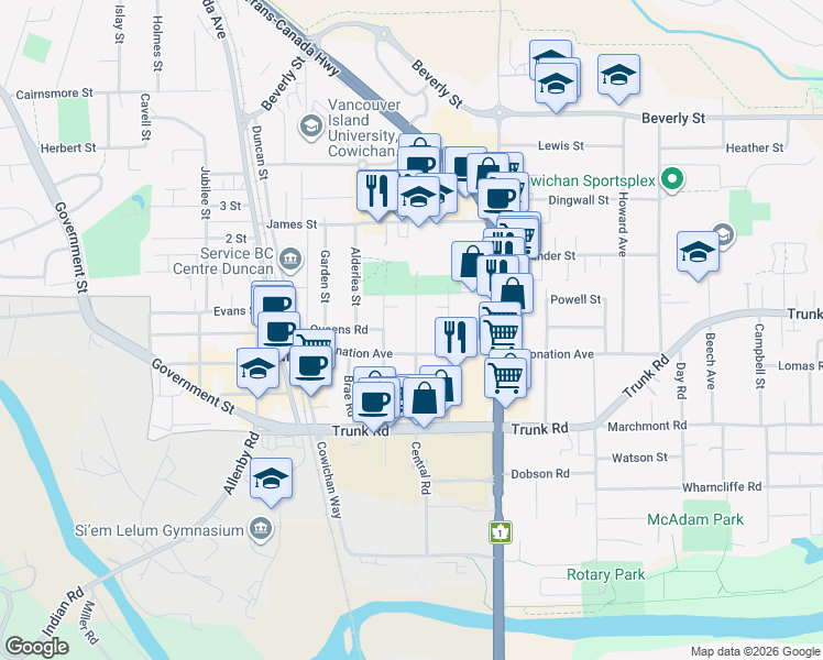 map of restaurants, bars, coffee shops, grocery stores, and more near 470 Festubert Street in Duncan