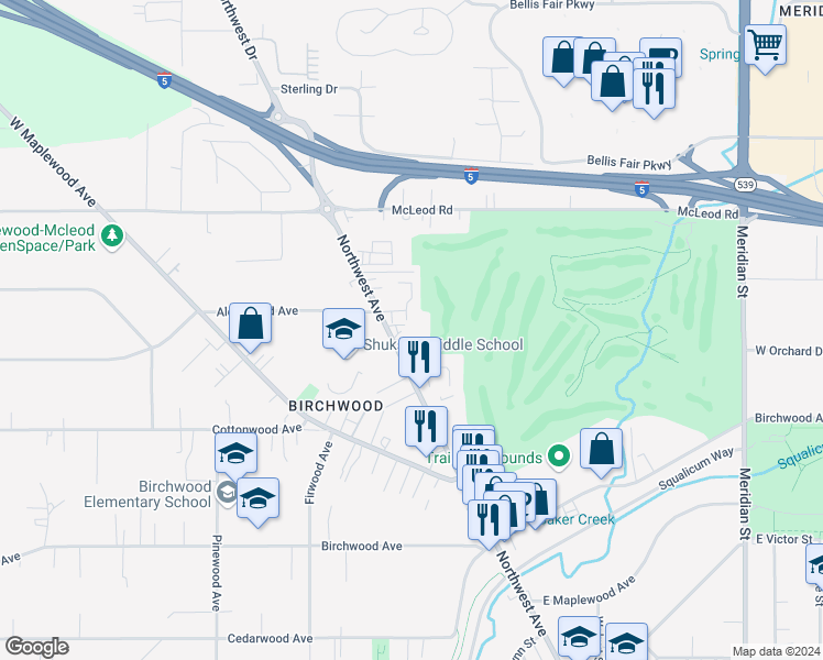 map of restaurants, bars, coffee shops, grocery stores, and more near 2600 Alderwood Avenue in Bellingham