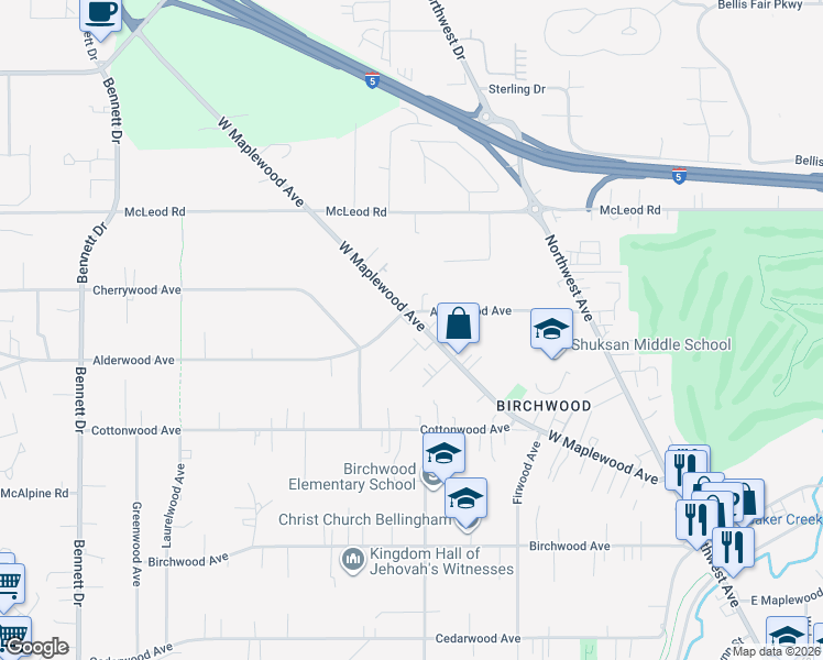 map of restaurants, bars, coffee shops, grocery stores, and more near 2832 Alderwood Avenue in Bellingham