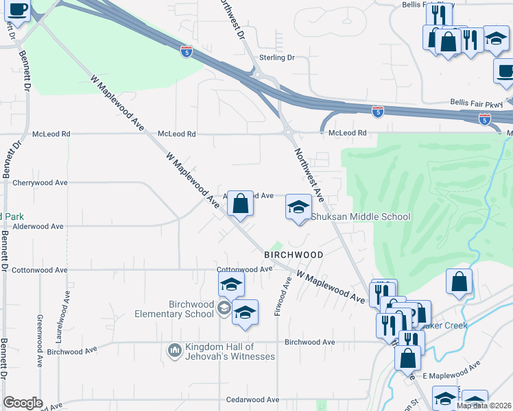 map of restaurants, bars, coffee shops, grocery stores, and more near 2808 Alderwood Avenue in Bellingham