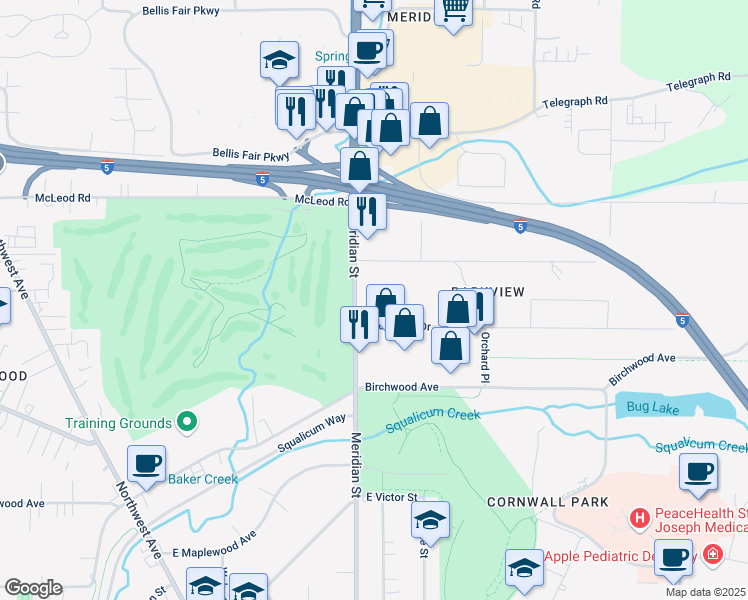 map of restaurants, bars, coffee shops, grocery stores, and more near 3614 Meridian Street in Bellingham