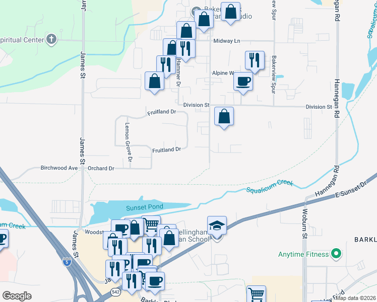 map of restaurants, bars, coffee shops, grocery stores, and more near 1414 Fruitland Drive in Bellingham