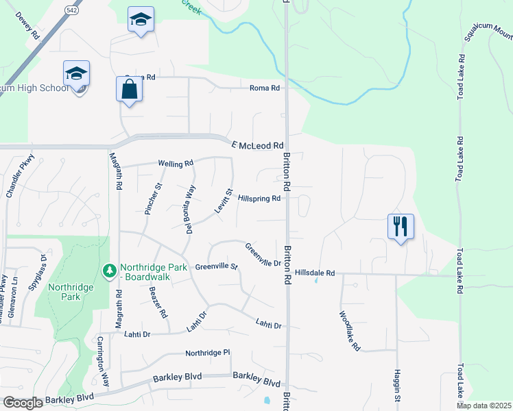 map of restaurants, bars, coffee shops, grocery stores, and more near 1465 Hillspring Road in Bellingham