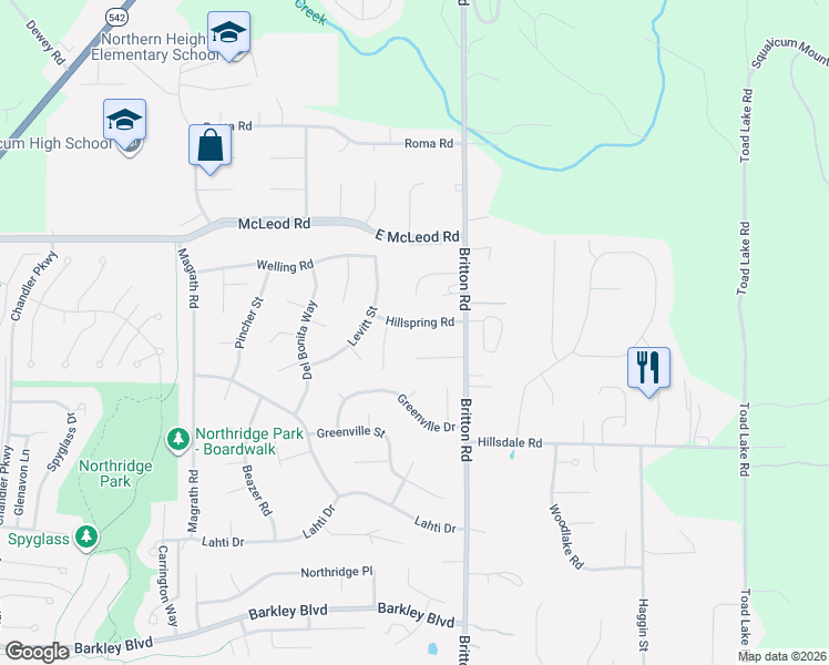 map of restaurants, bars, coffee shops, grocery stores, and more near 1465 Hillspring Road in Bellingham