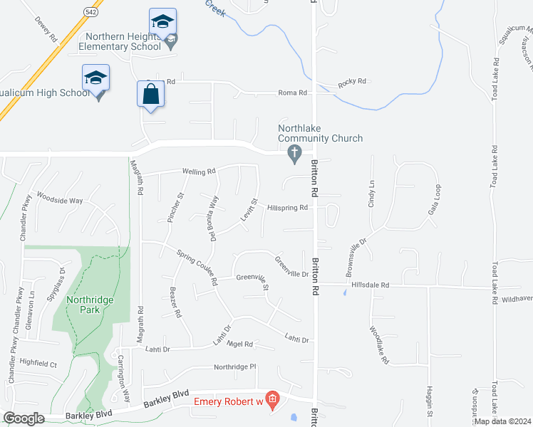 map of restaurants, bars, coffee shops, grocery stores, and more near 1447 Hillspring Road in Bellingham