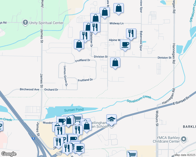 map of restaurants, bars, coffee shops, grocery stores, and more near 1420 Fruitland Drive in Bellingham