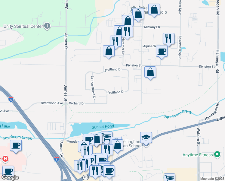 map of restaurants, bars, coffee shops, grocery stores, and more near 3604 Orange Blossom Court in Bellingham
