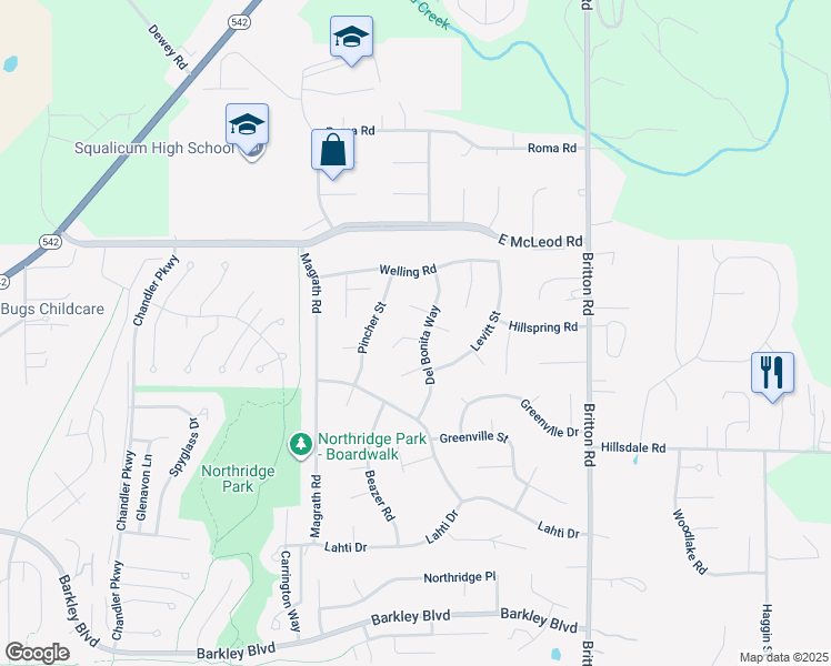 map of restaurants, bars, coffee shops, grocery stores, and more near 3835 Del Bonita Way in Bellingham