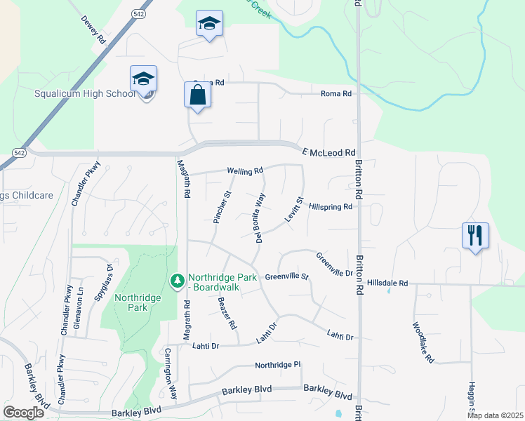 map of restaurants, bars, coffee shops, grocery stores, and more near 3835 Del Bonita Way in Bellingham