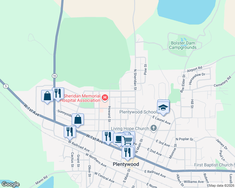 map of restaurants, bars, coffee shops, grocery stores, and more near 314 Highland Avenue in Plentywood