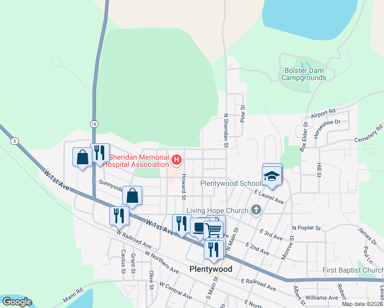 map of restaurants, bars, coffee shops, grocery stores, and more near 314 Highland Avenue in Plentywood