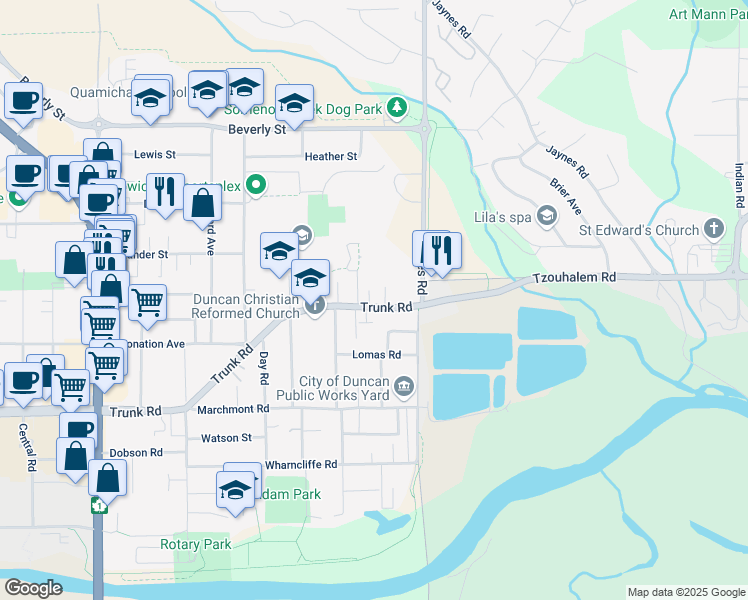 map of restaurants, bars, coffee shops, grocery stores, and more near 1031 Trunk Road in Duncan