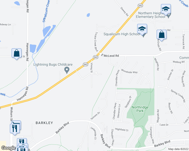 map of restaurants, bars, coffee shops, grocery stores, and more near 3620 Vining Street in Bellingham