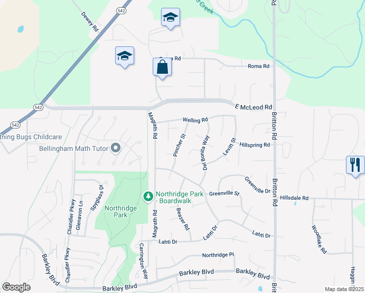 map of restaurants, bars, coffee shops, grocery stores, and more near 3840 Pincher Street in Bellingham