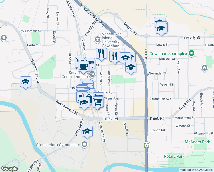 map of restaurants, bars, coffee shops, grocery stores, and more near 471 Alderlea Street in Duncan