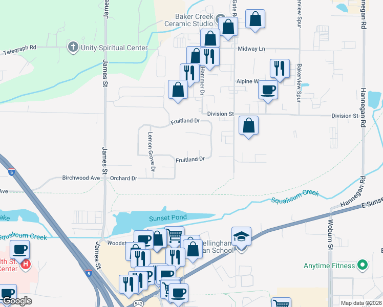 map of restaurants, bars, coffee shops, grocery stores, and more near 3604 Orange Blossom Ct in Bellingham