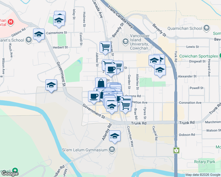 map of restaurants, bars, coffee shops, grocery stores, and more near 107 Evans Street in Duncan