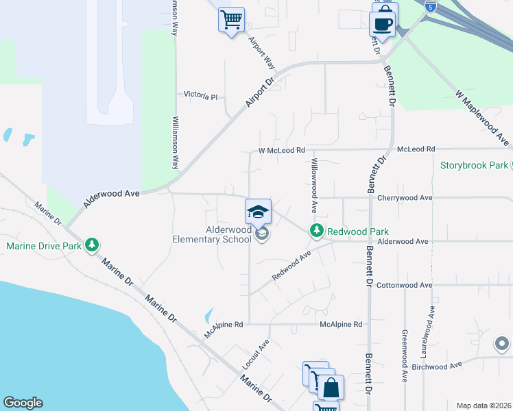 map of restaurants, bars, coffee shops, grocery stores, and more near 3449 Alderwood Avenue in Bellingham